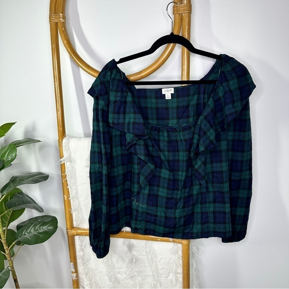 J. Crew Blue and Green Flannel Squareneck Blouse sz L - Picture 2 of 5